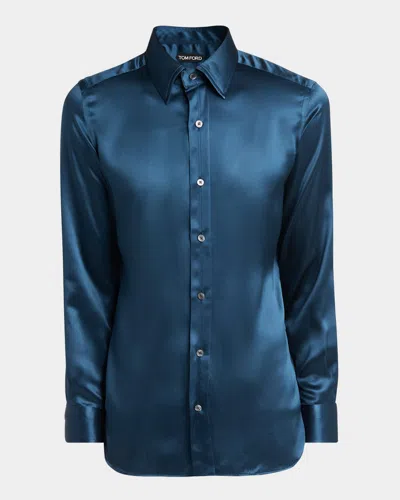 Tom Ford Men's Silk Charmeuse Slim-fit Dress Shirt In Indigo | ModeSens