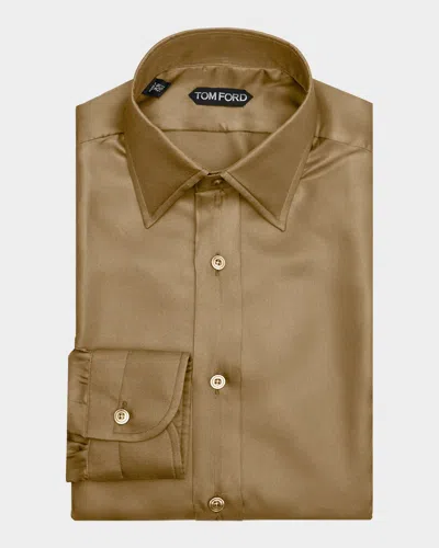 Tom Ford Men's Silk Twill Slim-fit Dress Shirt In Brown