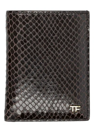 Tom Ford Small Snake Embossed Leather Folding Cardholder In Ebony