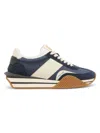 Tom Ford Mens Blue James Logo-print Leather And Suede Low-top Trainers In Midnight Blue Beige Cream