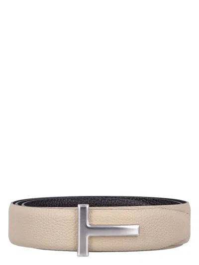 Tom Ford Men's T Grainy Leather Belt In Dune   Brown