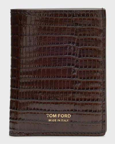 Tom Ford Men's T Line Croc-effect Bifold Card Holder In Chocolate