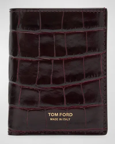 Tom Ford Men's T Line Croc-effect Bifold Card Holder In Brown