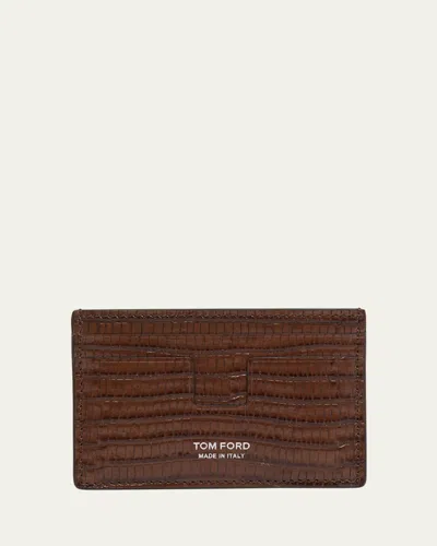 Tom Ford Men's T Line Croc-effect Leather Card Holder In Caramel