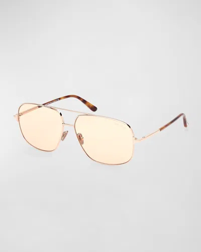 Tom Ford Men's Tex Double-bridge Metal Aviator Sunglasses In Rose Gold Photochromic Peach