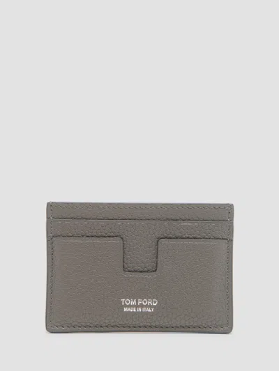 Tom Ford Men's T-line Grain Leather Card Holder In Gray