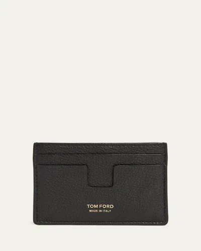 Tom Ford Men's T-line Grained Leather Card Holder In Black Silver