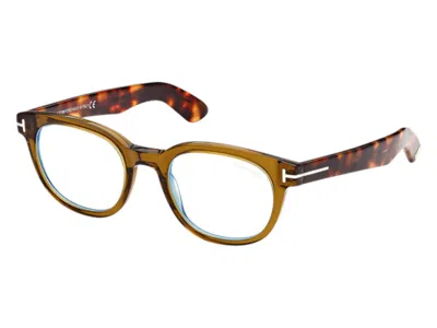 Pre-owned Tom Ford Men's  Square Eyeglasses In Shiny Transparent Olive/havana (ft5807/b 096)