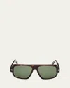 Tom Ford Men's Turner Acetate Rectangle Sunglasses In Shiny Dark Havana Green Lenses