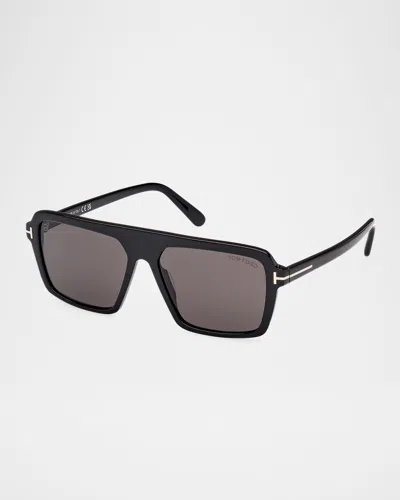 Tom Ford Men's Vincent Acetate Rectangle Sunglasses In Shiny Blacksmoke