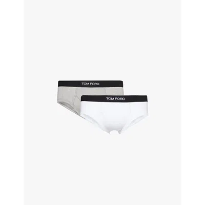 Tom Ford Mens White Grey Branded Waistband Stretch-cotton Briefs