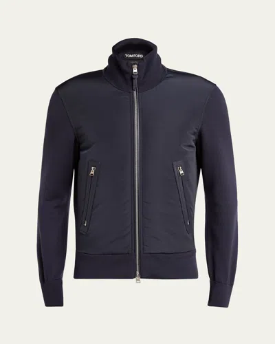 Tom Ford Men's Wool Nylon-front Full-zip Sweater In Blue