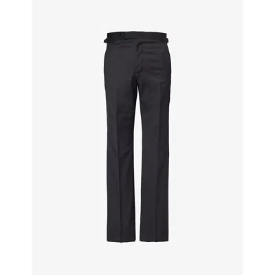 Tom Ford Mens  Adjustable-tab Unhemmed Straight-leg Regular-fit Wool Trousers In Black