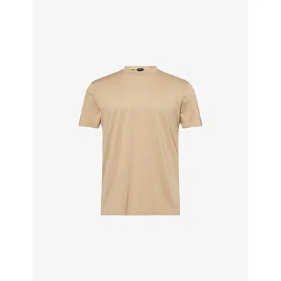 TOM FORD MENS CARAMEL EMBROIDERED-LOGO SHORT-SLEEVED WOVEN-BLEND T-SHIRT