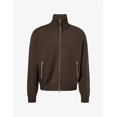 Tom Ford Mens Chocolate Torte Funnel-neck Elbow-patch Wool Cardigan In Brown