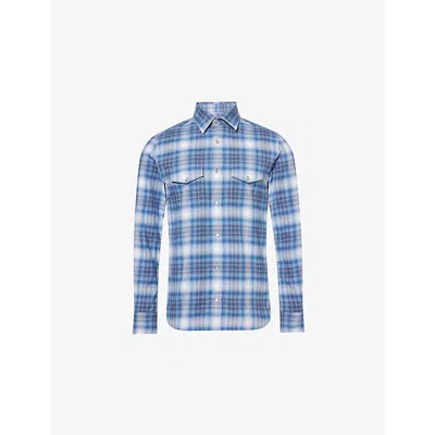 Tom Ford Mens Combo Blue Shades Slim-fit Western Check Cotton Shirt