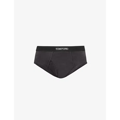 Tom Ford Mens  Logo-waistband Classic-fit Stretch-cotton Briefs In Dark Mink