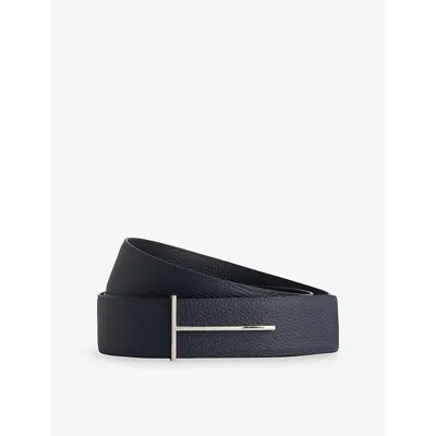 TOM FORD MENS DARK NAVY+BLACK SLIM T-BUCKLE LEATHER BELT