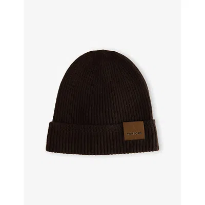 Tom Ford Mens Dark Taupe Logo-patch Ribbed Cashmere-knit Beanie Hat In Brown