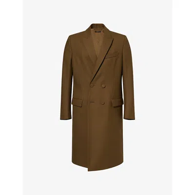 Tom Ford Mens Green Wood Double-breasted Longline Wool Coat In Brown
