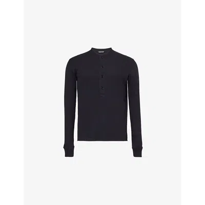 Tom Ford Mens Black Henley Ribbed Relaxed-fit Cotton-blend T-shirt