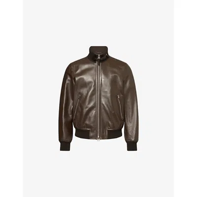 Tom Ford Mens Hunter Green Shiny Ribbed-trim Leather Bomber Jacket