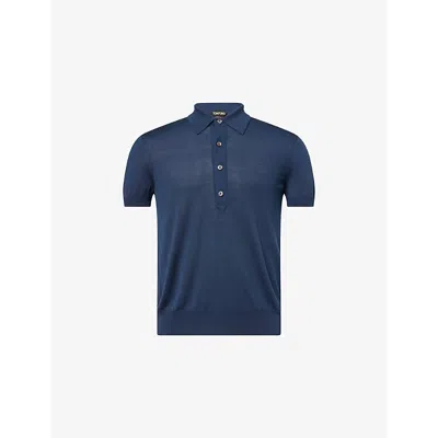 Tom Ford Mens Sapphire Short-sleeve Fine-knit Silk-blend Polo Shrt