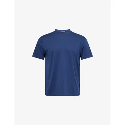 Tom Ford Mens Sea Blue Crewneck Regular-fit Cotton-blend T-shirt