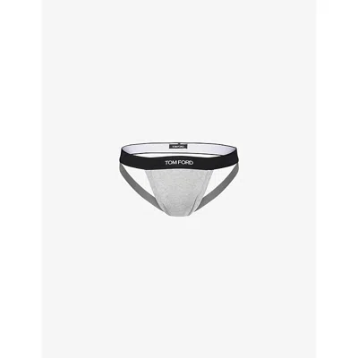Tom Ford Mens Grey Branded-waistband Cotton-stretch Jockstrap Xl In Gray