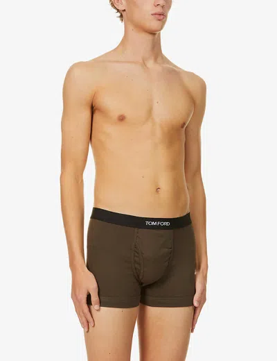 Tom Ford Branded-waistband Fitted Stretch-cotton Trunks In Military Green