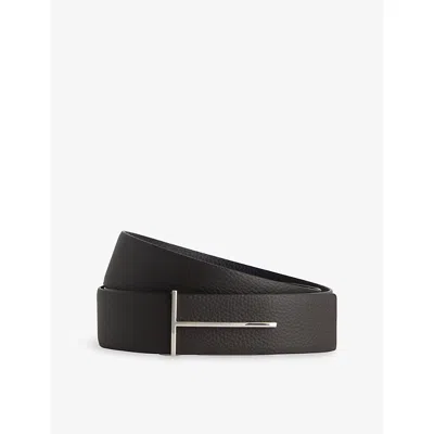 TOM FORD MENS BROWN+BLACK SLIM T-BUCKLE LEATHER BELT
