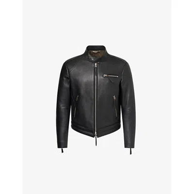 Tom Ford Mens Black Stand-collar Long-sleeve Leather Biker Jacket