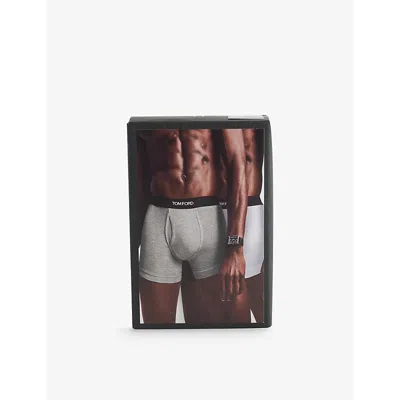 Tom Ford Mens  Branded-waistband Pack Of Two Stretch-cotton Boxer Briefs In White Grey