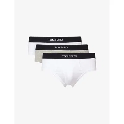 Tom Ford Mens White / Grey Mid-rise Branded Pack Of Two Stretch-cotton Briefs Xl