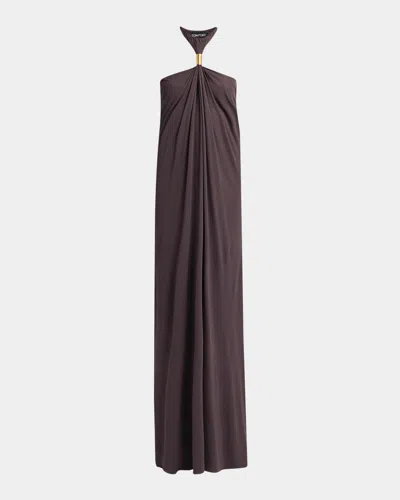 Tom Ford Metal Gathered Halter Evening Dress In Dusty Brow