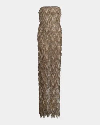 Tom Ford Metallic Fringe Sheer Strapless Slit Gown In Gold