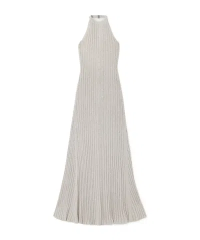Tom Ford Metallic Ribbed-knit Halterneck Maxi Dress In Gray