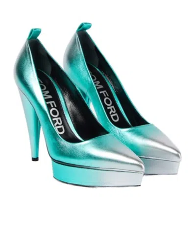 Tom Ford Metallic Leather Platform Pumps In Blue