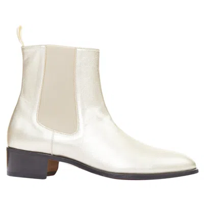 Tom Ford Metallic Light G Leather Cuban Heels Chelsea Ankle Boots In White