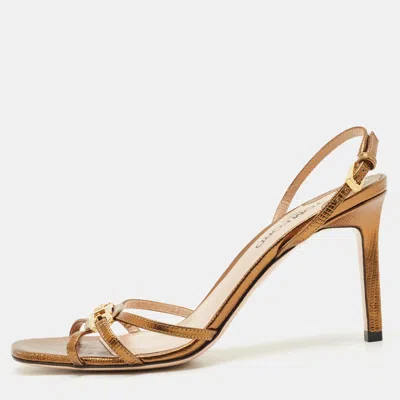 Pre-owned Tom Ford Metallic Lizard Embossed Leather Chain Embellished Slingback Sandals Size 38.5