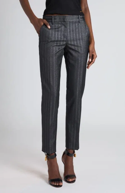 Tom Ford Metallic Stripe Wool Blend Ankle Pants In Dark Silver