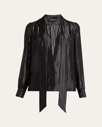 Tom Ford Metallic Striped Lavalliere Plunging Blouse In Black