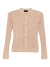 Tom Ford Metallic Rib Crewneck Cardigan In Pink