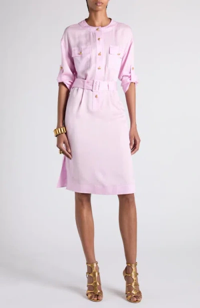 Tom Ford Micro Silk Jacquard Belted Shirtdress In Dp399 Lilac Pink