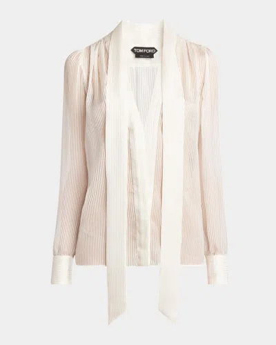 Tom Ford Micro Striped Silk Chiffon Plunging Lavalliere Blouse In Off White