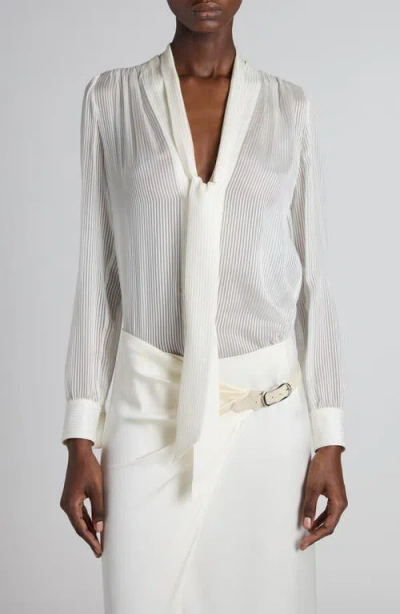 Tom Ford Microstripe Tie Neck Silk Chiffon Button-up Shirt In Off White