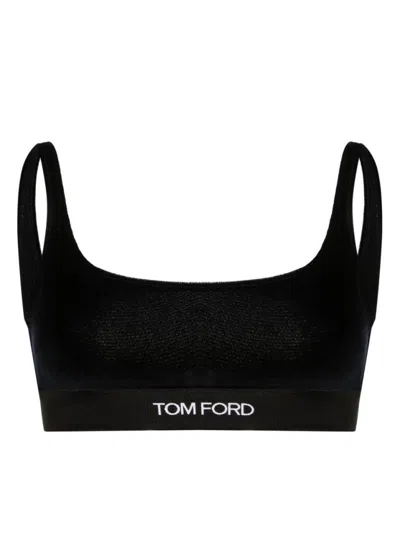 TOM FORD MIDNIGHT BLUE VELVET U-NECK TOP WITH LOGO UNDERBAND