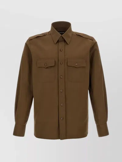 Tom Ford Military Style Cotton Silk Shirt In Brown