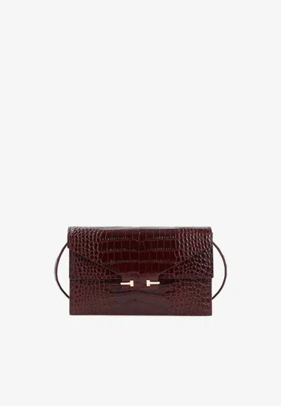 Tom Ford Mini Clutch Bag In Croc-embossed Leather In Burgundy