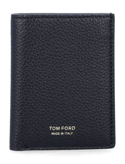 Tom Ford Mini Grained Leather Folding Card Case With Gold-tone Monogram Hardware In Nero